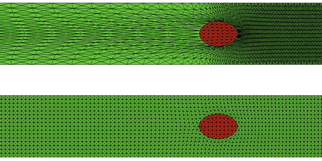 Comparison between the mesh given by the standard ALE method (top) and extended ALE method (bottom) for a closed beam interacting with fluid.
